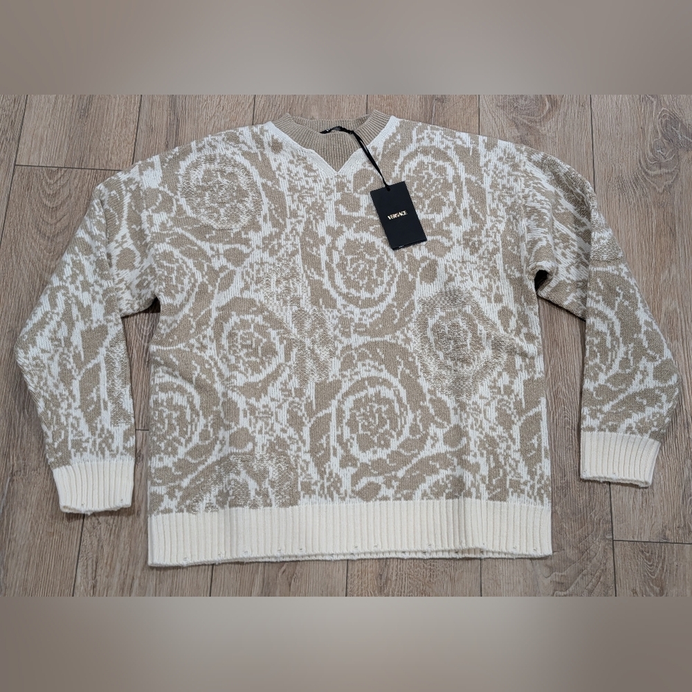 $1225 Mens VERSACE Barocco Virgin Wool Crewneck Sweater Sand 50 US Large